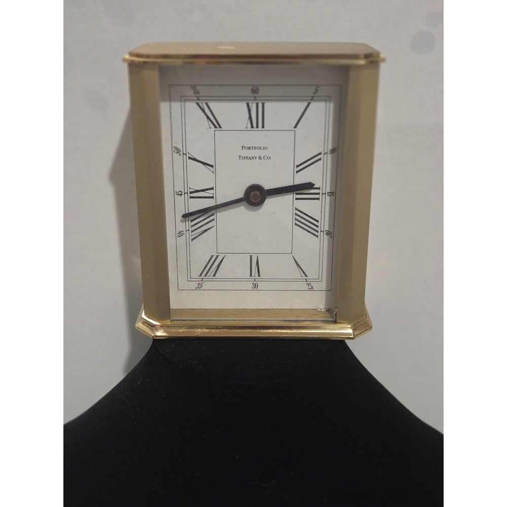 Vtg Tiffany & Co Portfolio Brass Carriage 5" Clock Gold Roman Numeral Desk WORKS